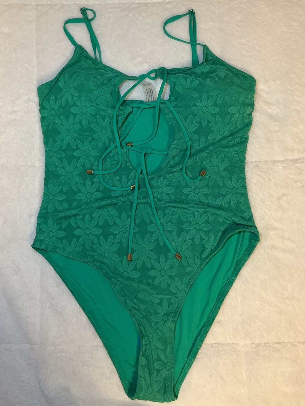 Green Floral Lace Tie-Front one piece bathing suit with skirt - Picture 4 of 11